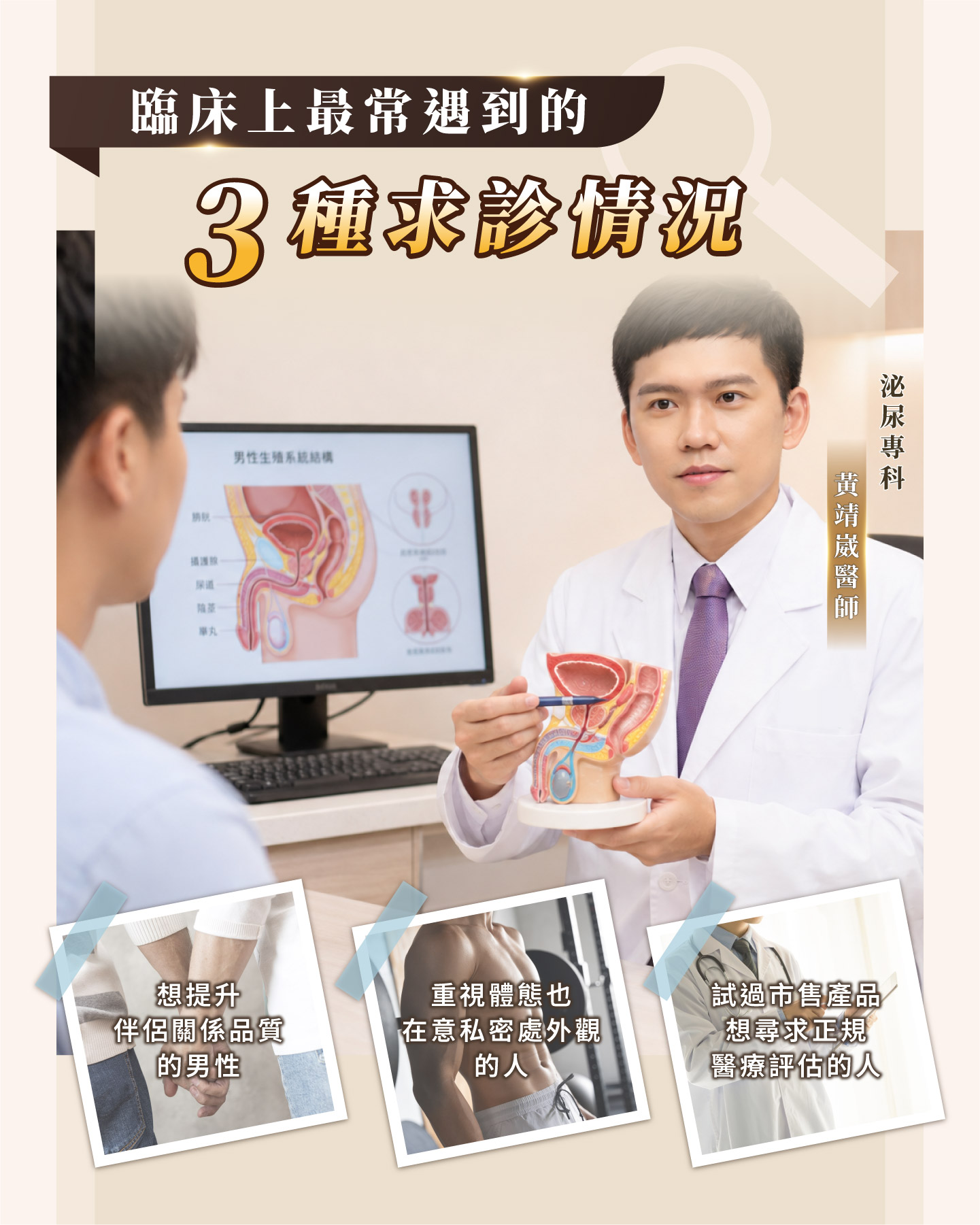 佑達泌尿科門診諮詢場景，泌尿專科醫師與男性客戶隔桌說明男性私密美學選項