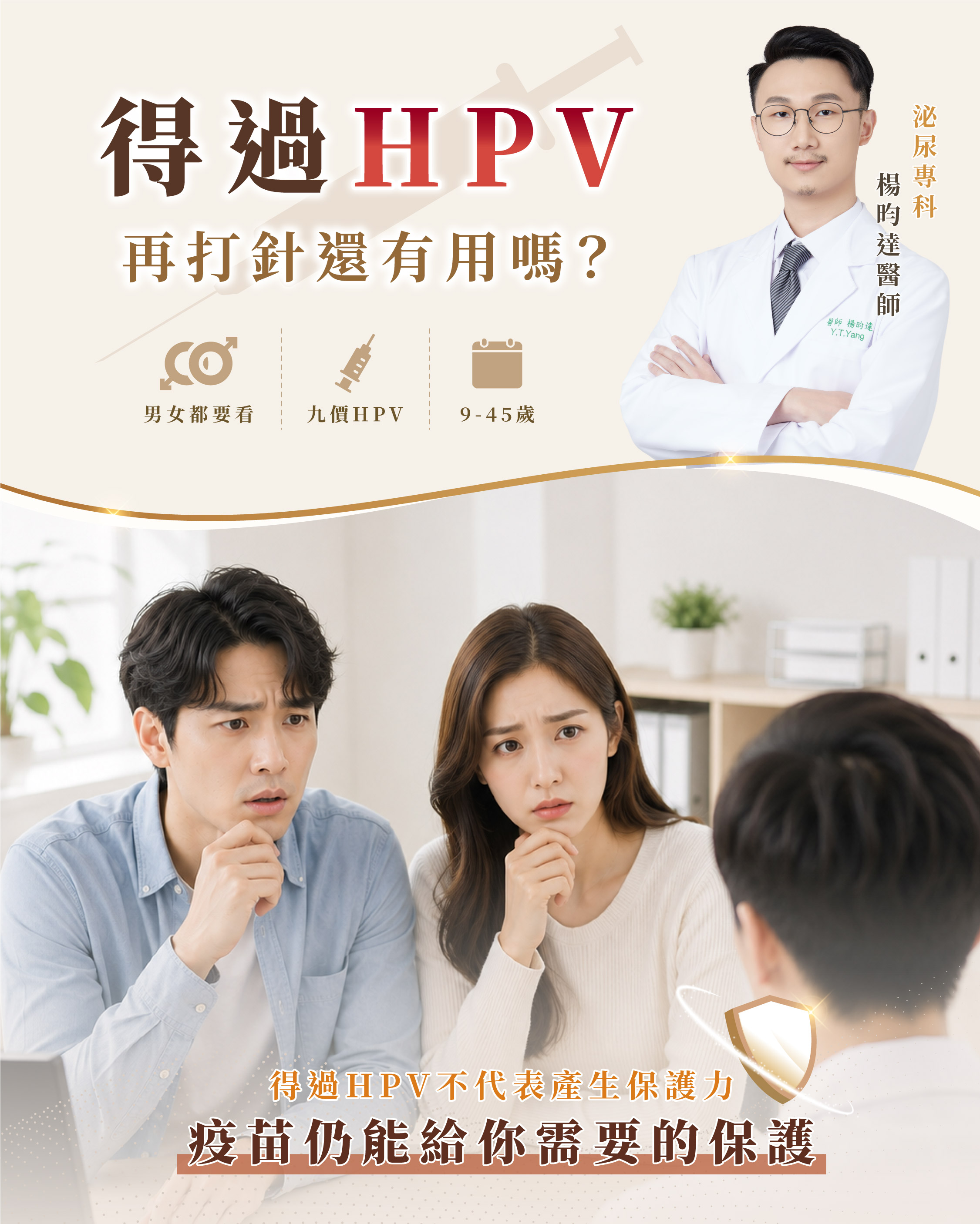 得過 HPV 再打針還有用嗎？男女皆看、九價 HPV、9–45 歲——佑達泌尿科楊昀達醫師