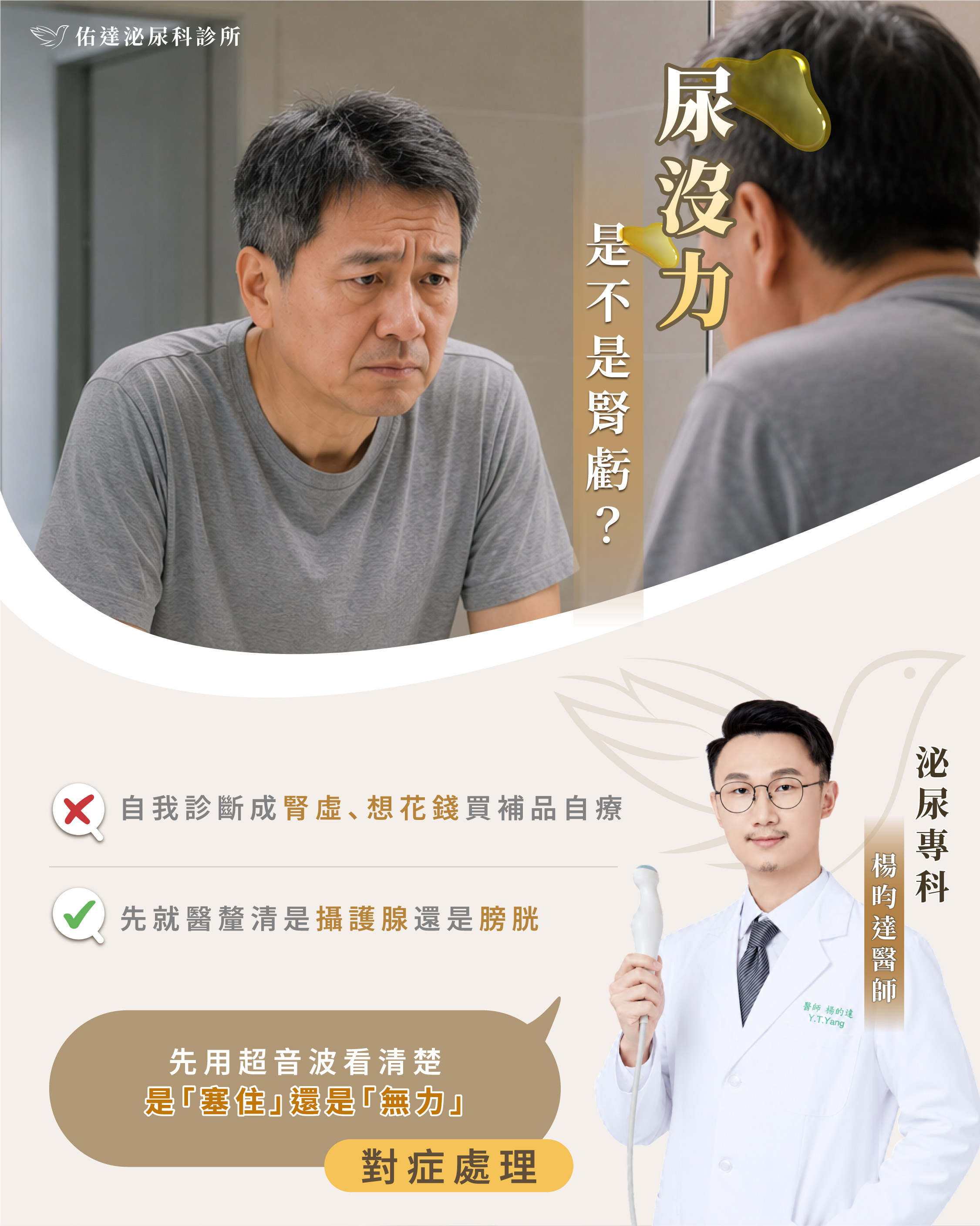 泌尿科衛教圖:尿沒力、頻尿先到泌尿科查原因,用超音波分清楚膀胱與攝護腺的問題(泌尿專科楊昀達醫師)