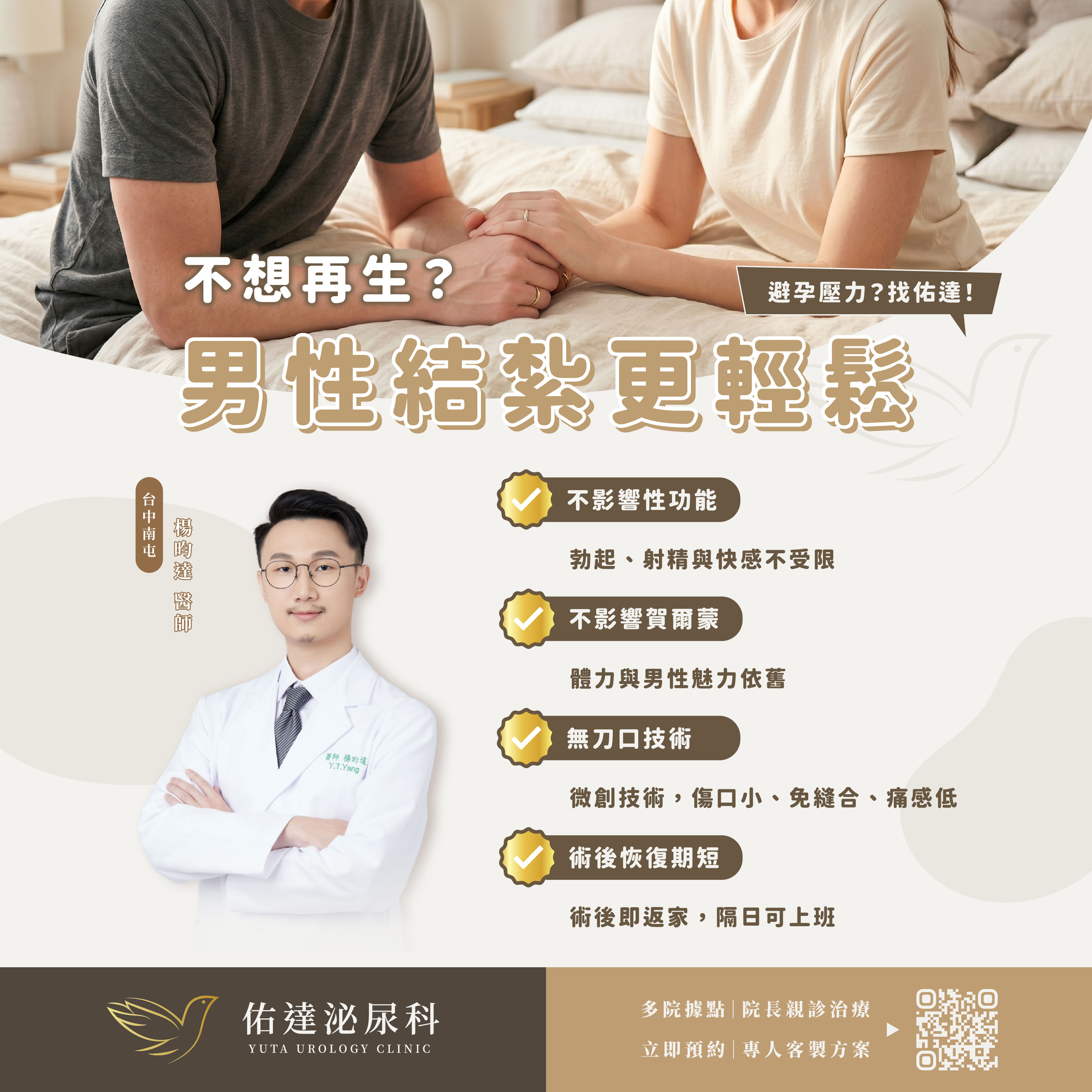 佑達泌尿科台中南屯院區泌尿專科楊昀達院長：無刀口男性結紮