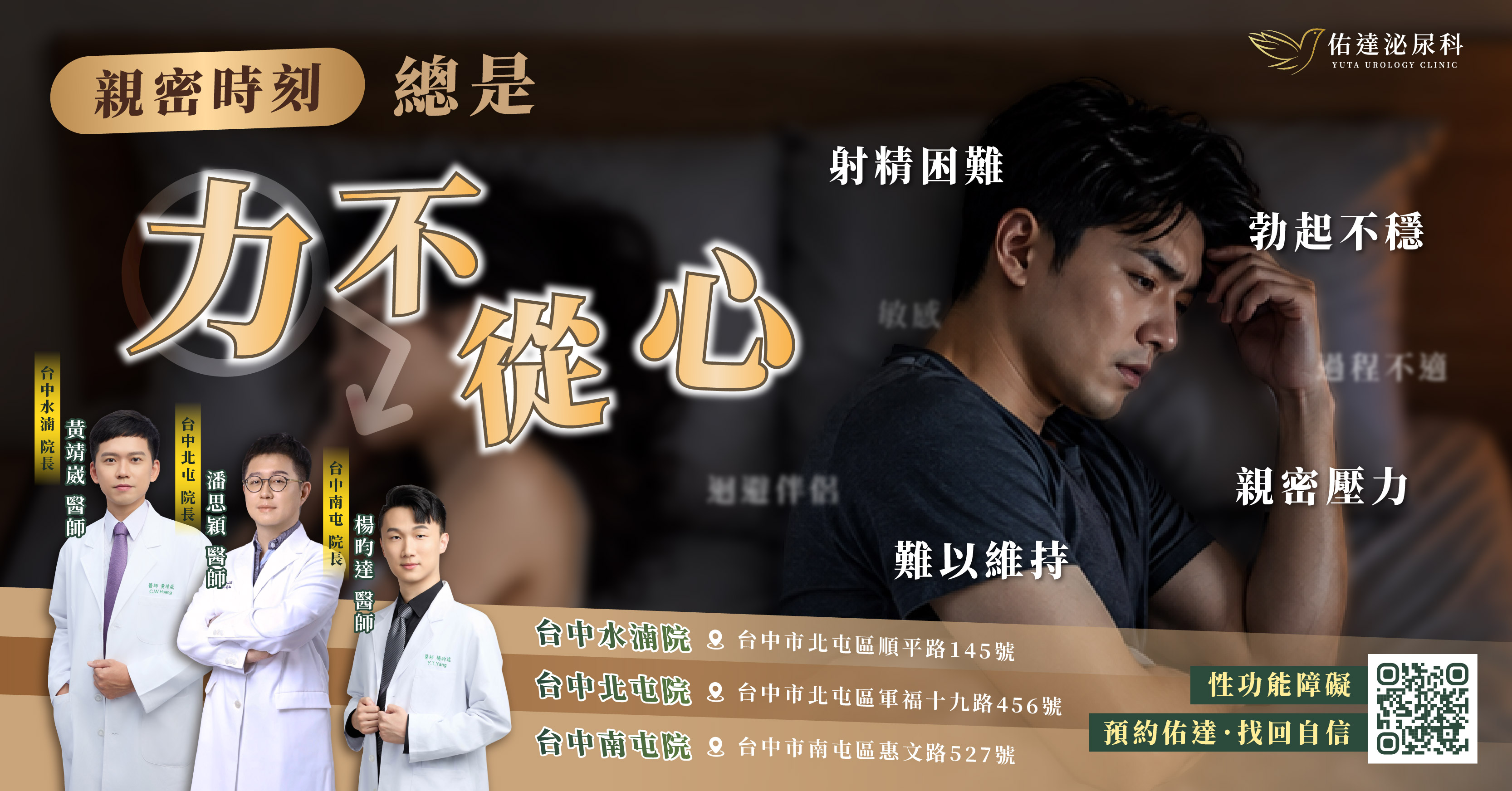 佑達泌尿科台中院區性功能門診:射精困難、勃起不穩、難以維持,台中水湳、北屯、南屯院區